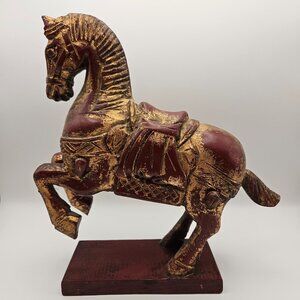 Vintage-Style Carved Horse Statue – Gold & Burgundy Decorative Figurine (10”)